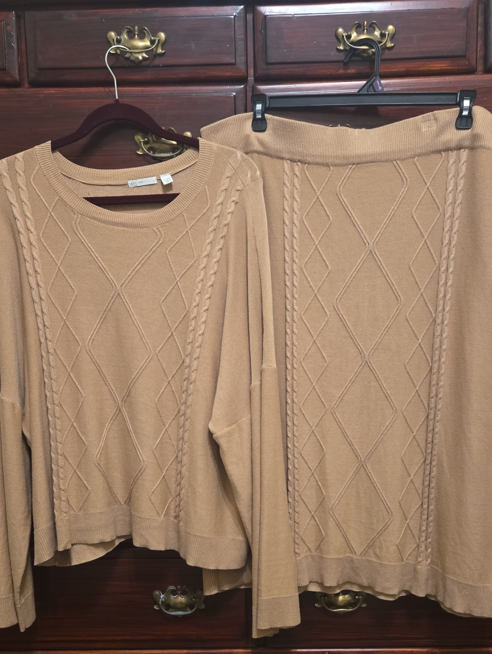 Est. 1946 Crewneck Cable Knit Sweater and Skirt Set - Camel